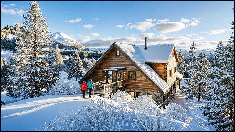 Exterior rendering of a timber mountain chalet in a snowy landscape