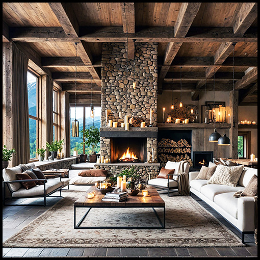 Interior rendering of a rustic lounge with exposed timber beams and a stone fireplace