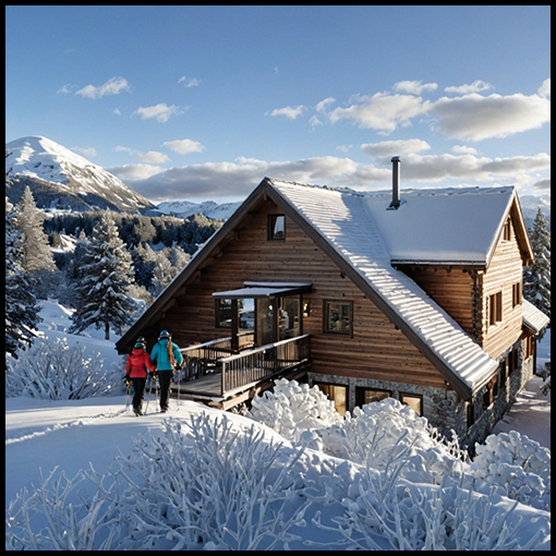 Exterior rendering of a timber chalet surrounded by snow-covered trees