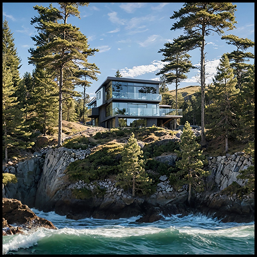 Exterior rendering of a modern house above a rocky river in a forest