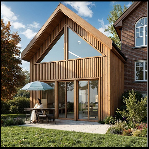 Exterior rendering of a gabled garage-loft design with timber cladding and a large upper window